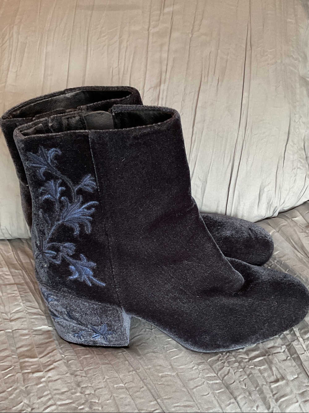 Kenneth Cole Navy Velvet Ankle Boots with Blue Embroidered Detail